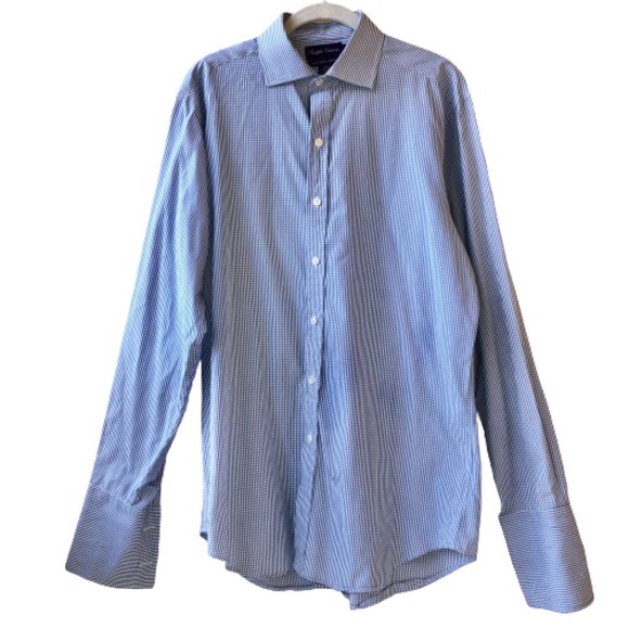 Ralph Lauren PURPLE LABEL Blue Checker Dress Shirt - Picture 4 of 13